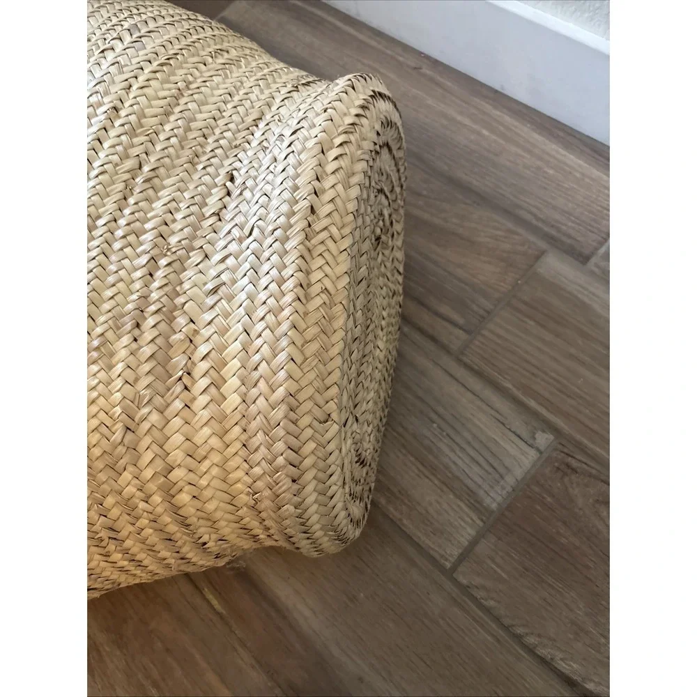 Handmade Woven Straw Market Basket with Brown Leather Handles Beach Shopping